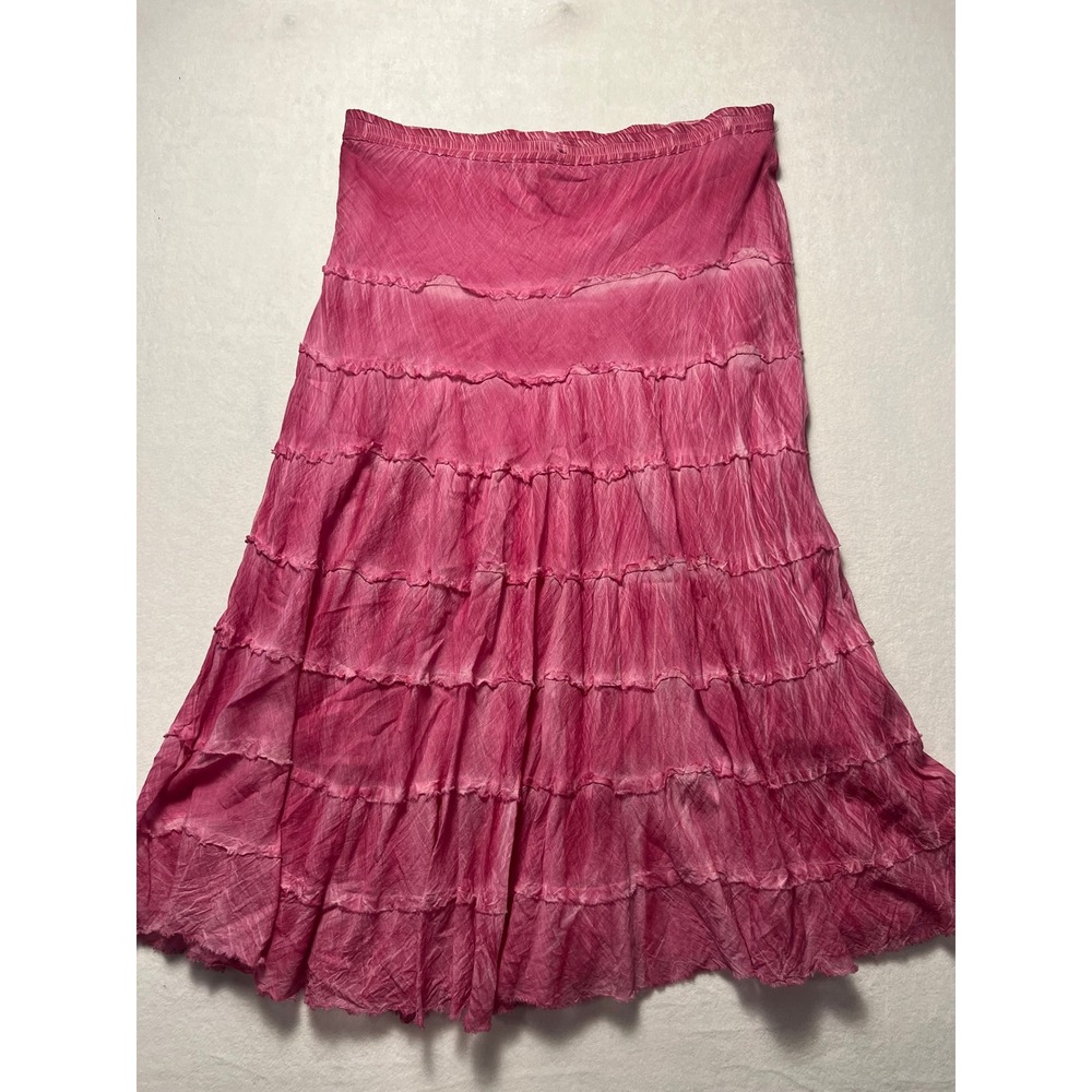 Metro Wear Sm Maxi Skirt Boho Tiered Pink Tie Dye Cotton Ruffle Crinkle Gyspy